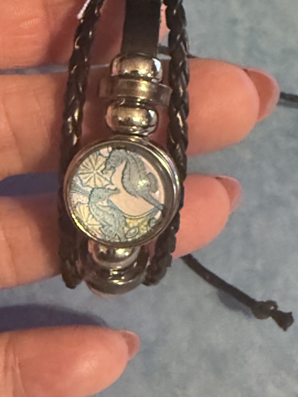 Bracelet-Genuine Leather Black 3 strap Sea Horse