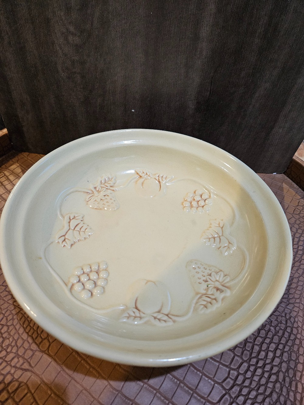 Vintage Yellow Pedestal Compote Bowl with Embossed Fruit Design |