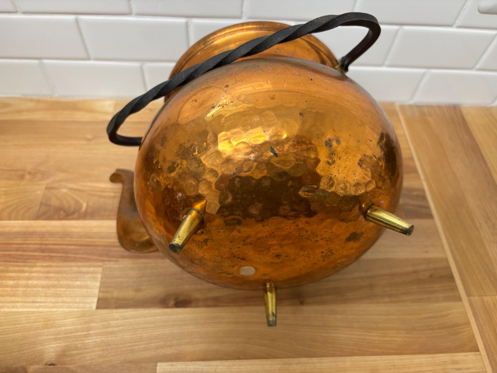 Copper Tea Kettle MCM Hammered Footed Wrought Iron Handle Vintage Unmarked