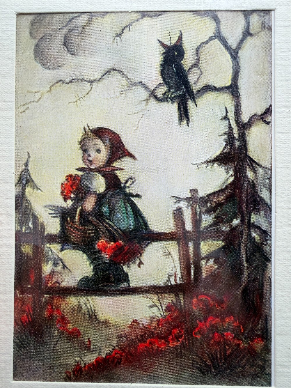 Vintage Framed M.I. Hummel Just Resting Print Girl on Fence & Bird