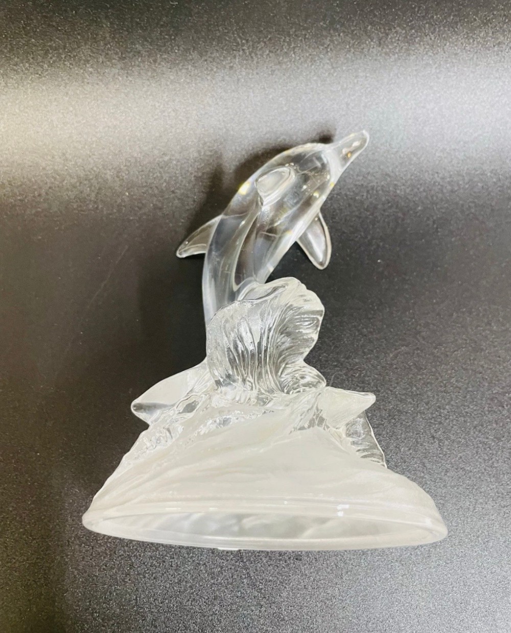 Dolphin Crystal Glass Figurine Leaping Dolphin on Frosted Wave Base Coastal Decor 6.5