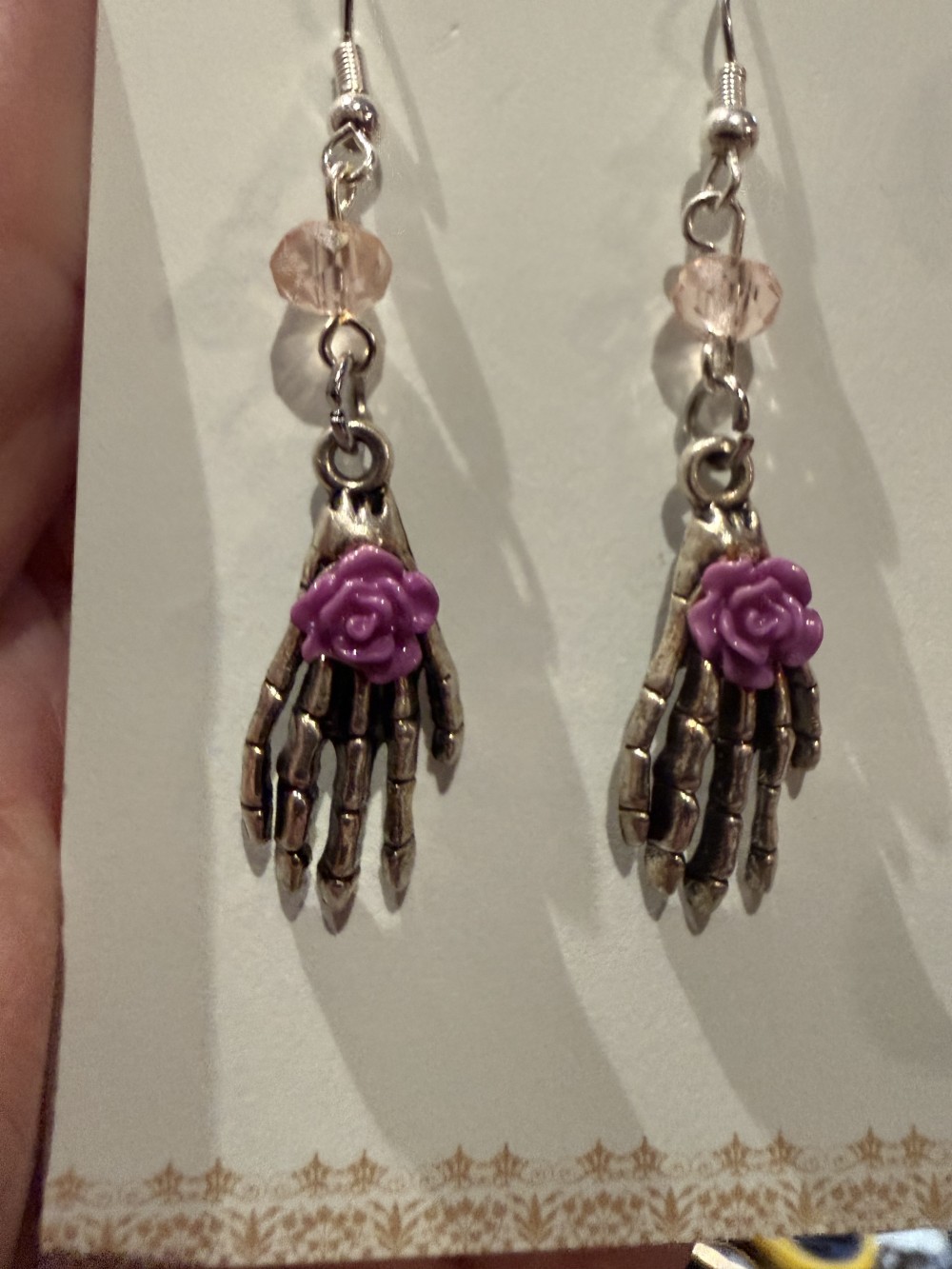 Earrings - Skeleton Hands Purple Rose