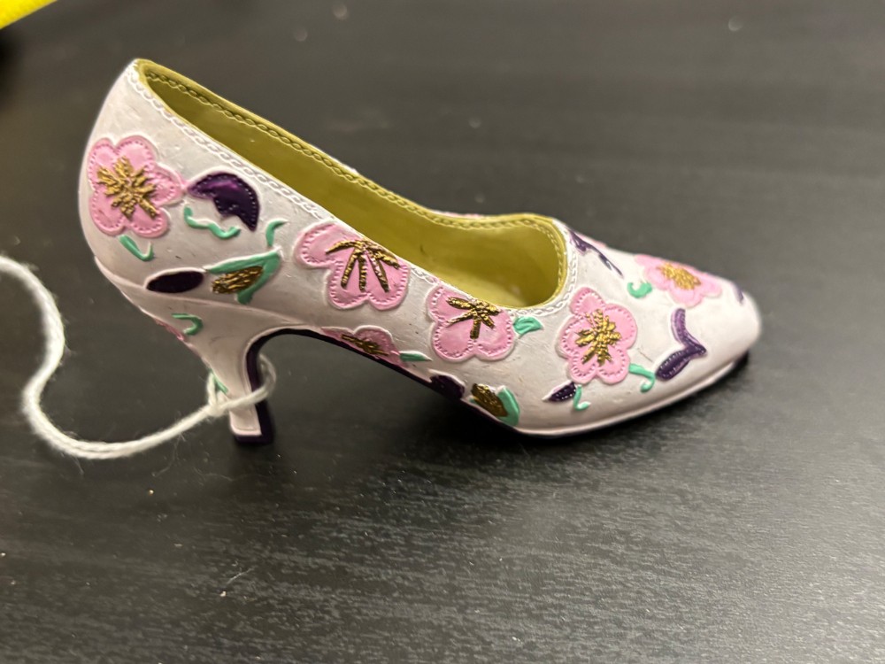 Shoe Miniature Floral High Heel Hand Painted Resin Pink Purple 3 in