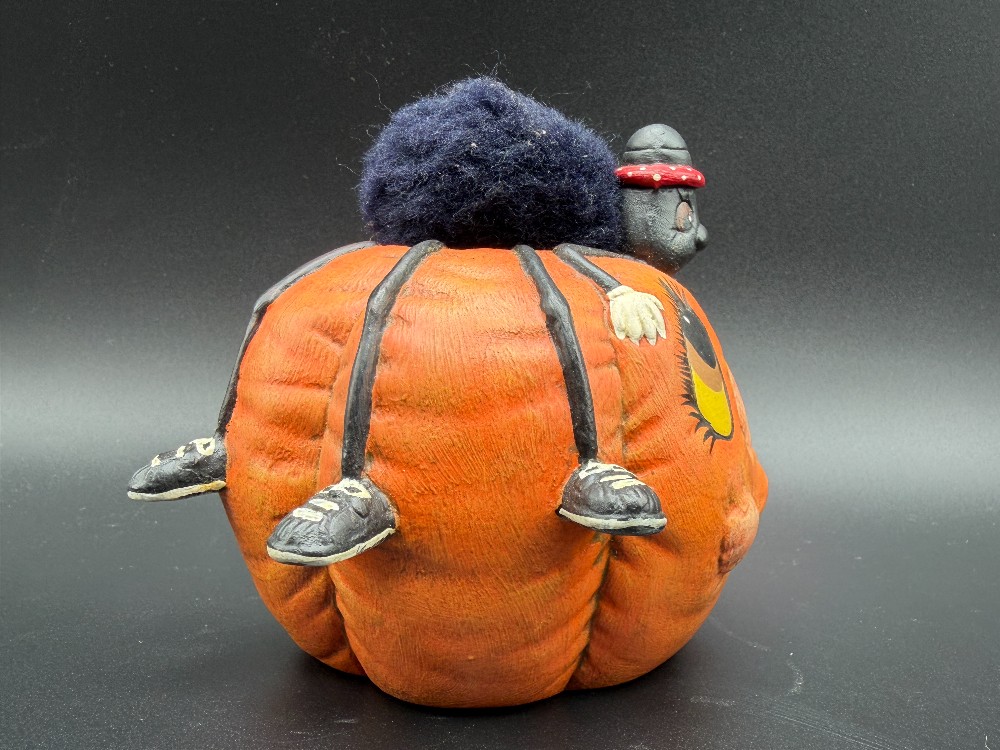 1986 Dona's Molds Hand-Painted Ceramic Pumpkin Spider Figurine - Retro Halloween Kitsch