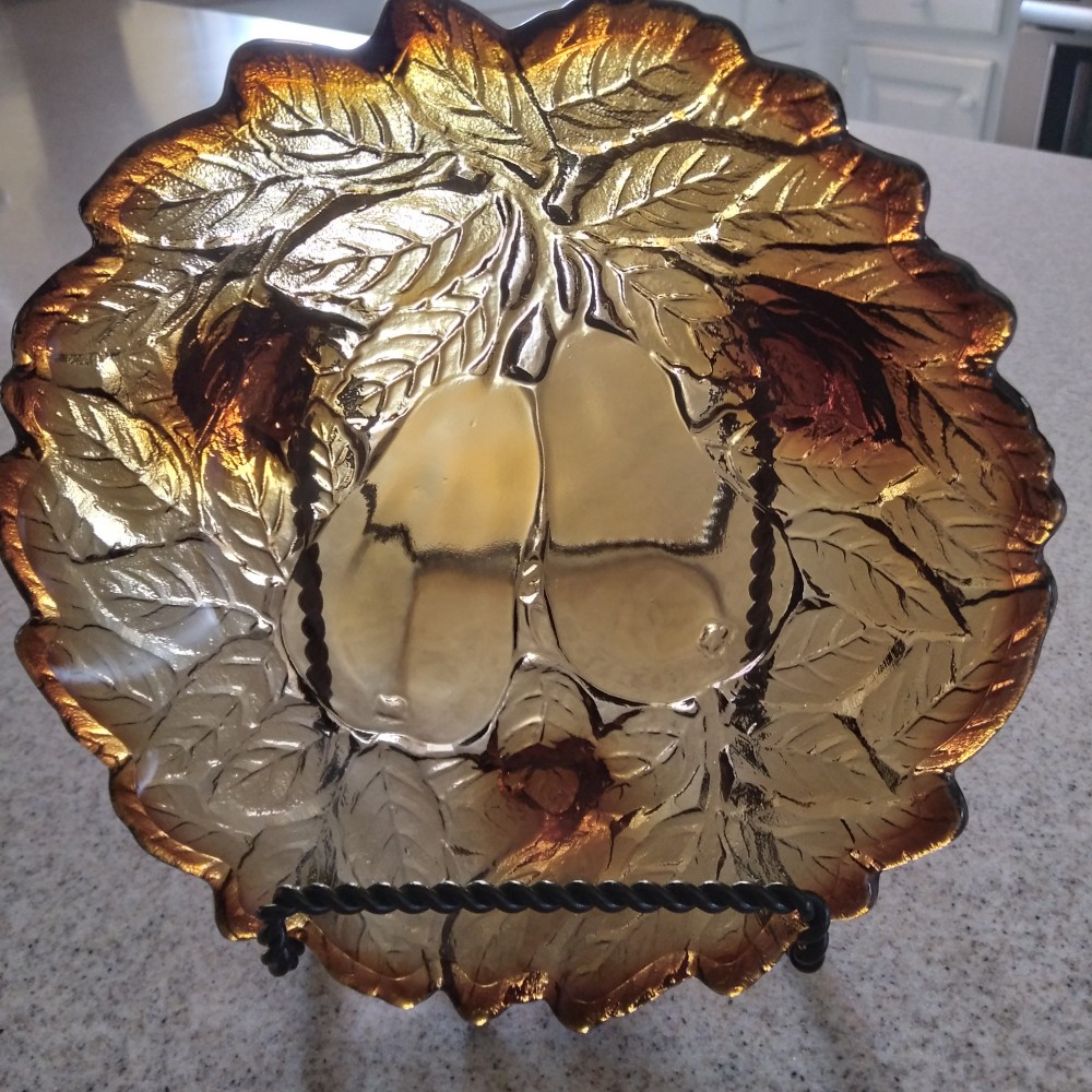 Amber Indiana Glass Footed Bowl Pears Leaves
