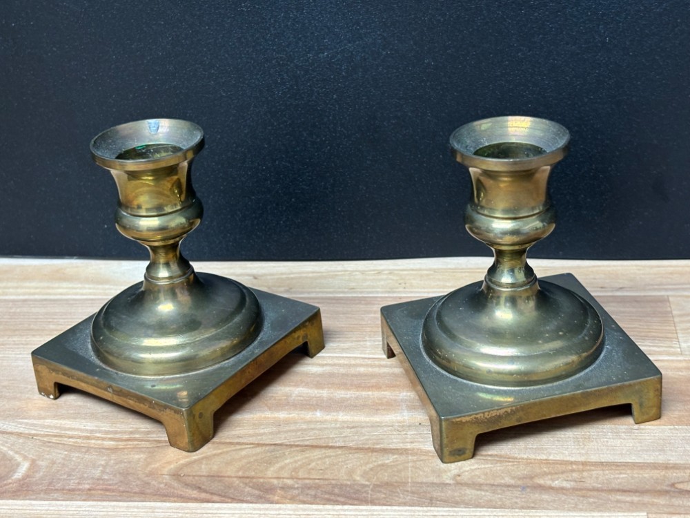 Brass Candlestick Holders Pair Square Base Footed Taper Candle Holders