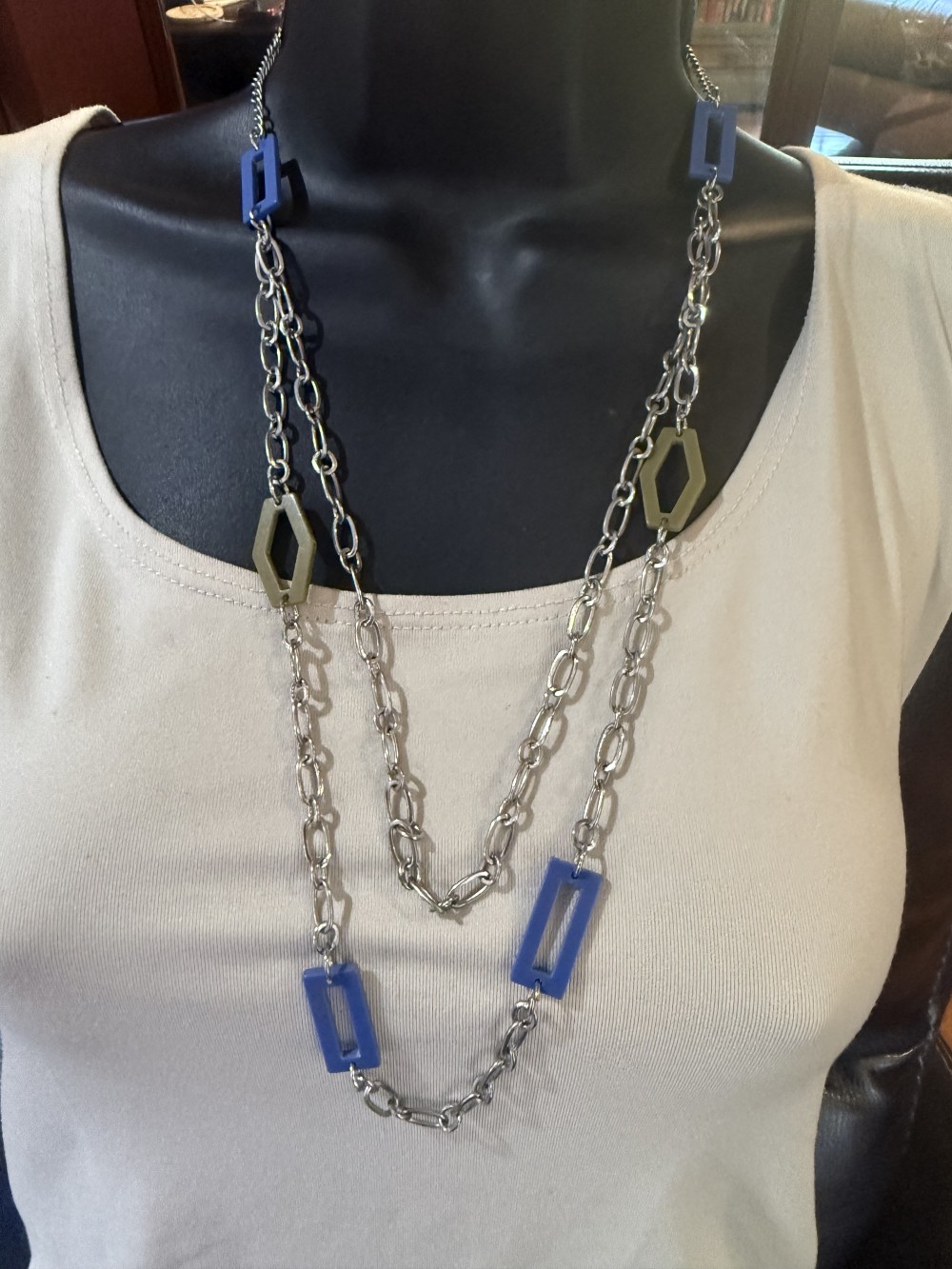 Long Necklace - Blue and Green Geometic Shapes and Silver Chains