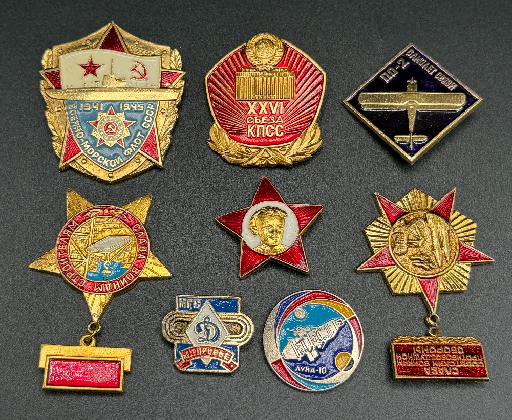 Vintage Soviet Cold War Pin & Badge 8pc Collection Lot – Space, Military Navy, Lenin