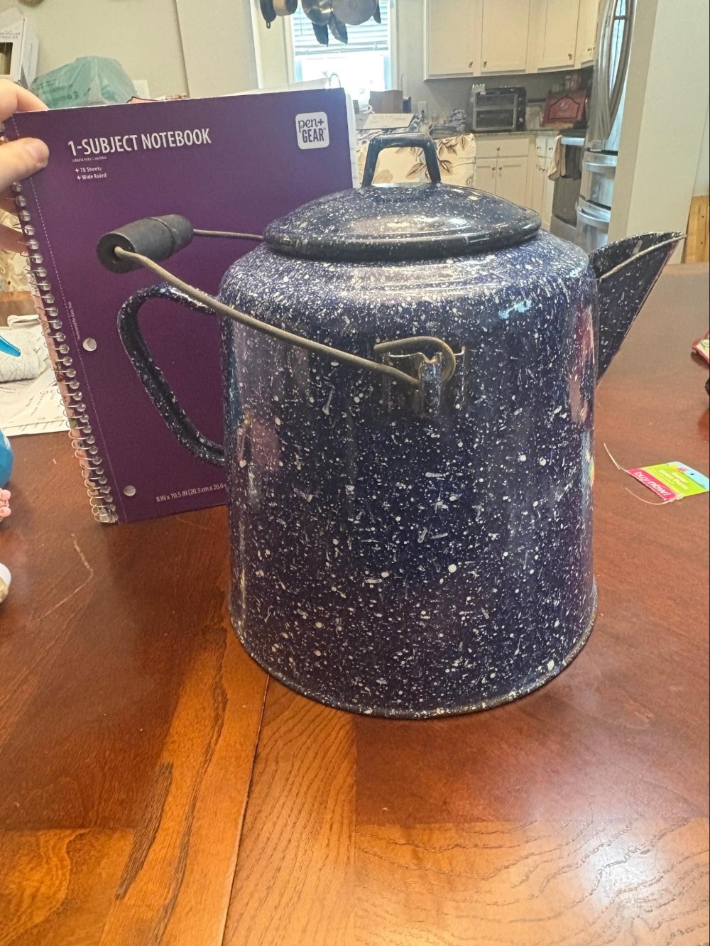 Blue Speckled Graniteware Camp Coffee Pot w/Lid
