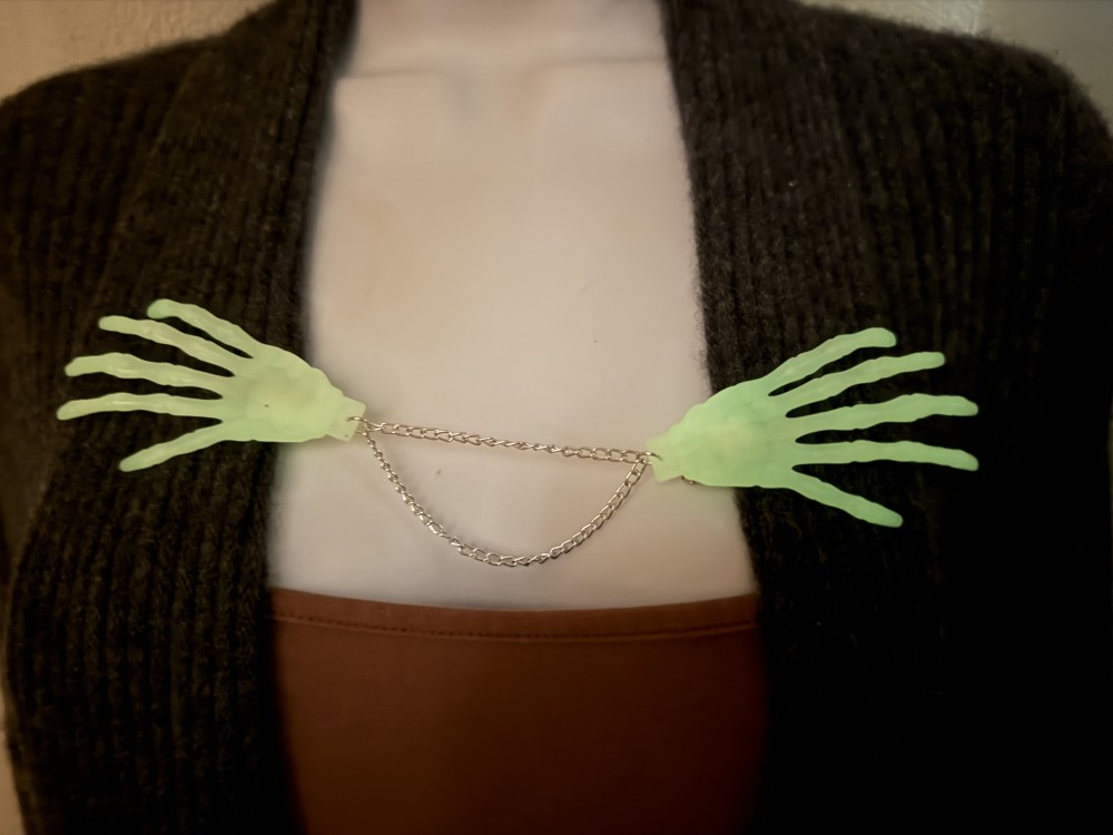 Sweater Clips - Skeleton Hands, GLOW IN THE DARK, Cloak Clip, Dress Clip, Collar Clip
