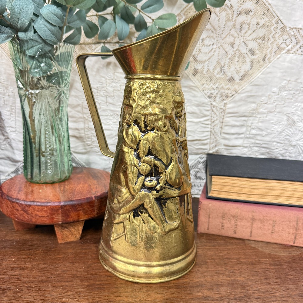 Vintage English Brass Repousse Tavern Scene Pitcher | Embossed Figural Jug | Made in England | Dark Academia Decor
