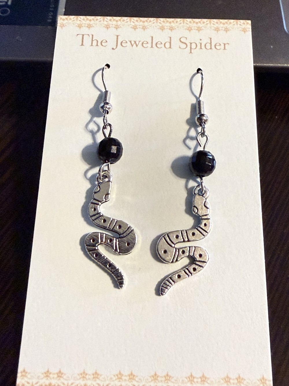 Earrings - Wavy Etched Snake Black Bead Snake, Serpent, Snakes, Serpents
