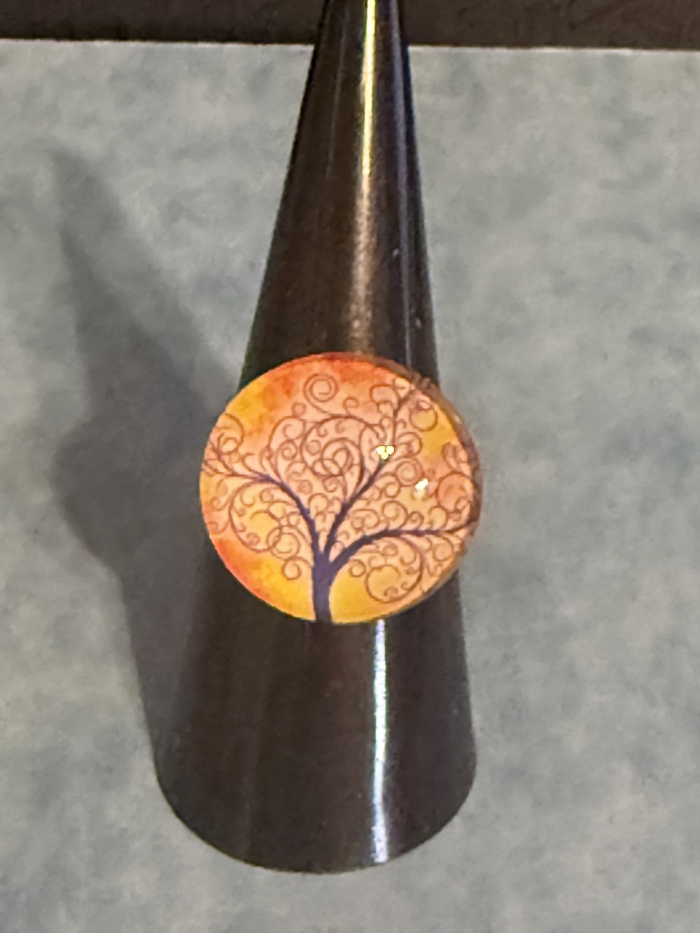 Adjustable Ring - Tree of Life Black Swirls Orange Yellow Background