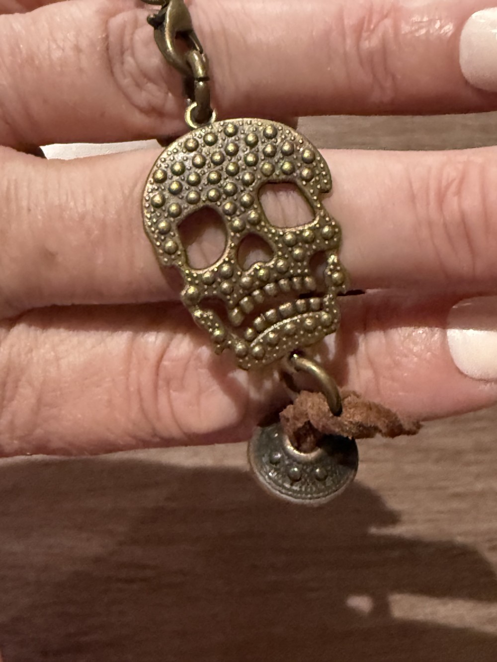 Bracelet - Bronze skull tan leather bead accents