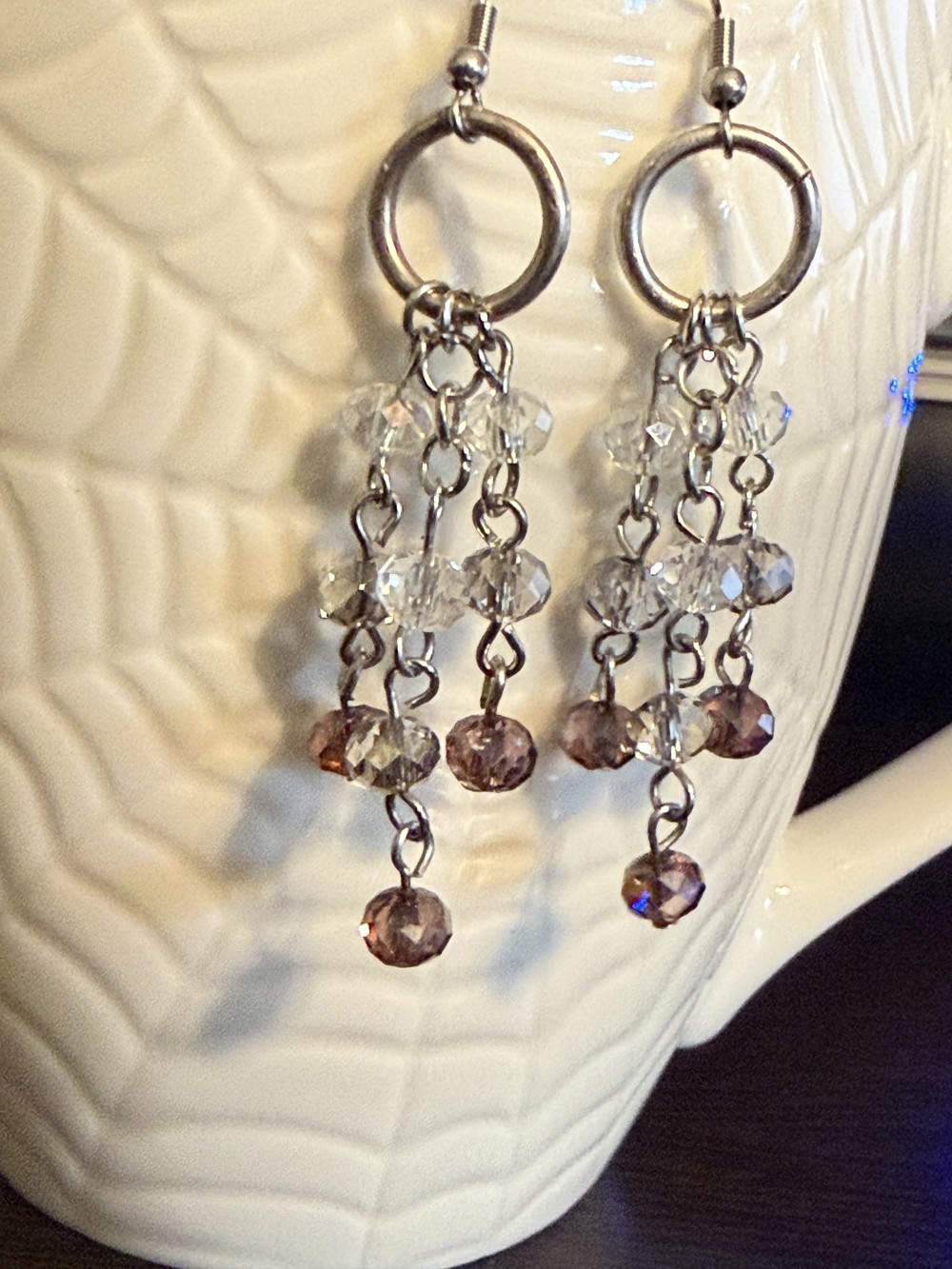 Earrings - Handmade Beaded Purple Three Strand