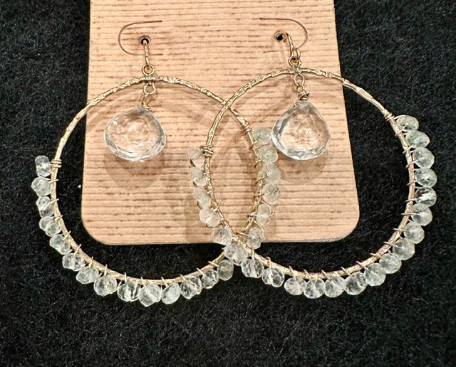 Gold tone wire wrapped hoop earrings with crystal beads and crystal drop