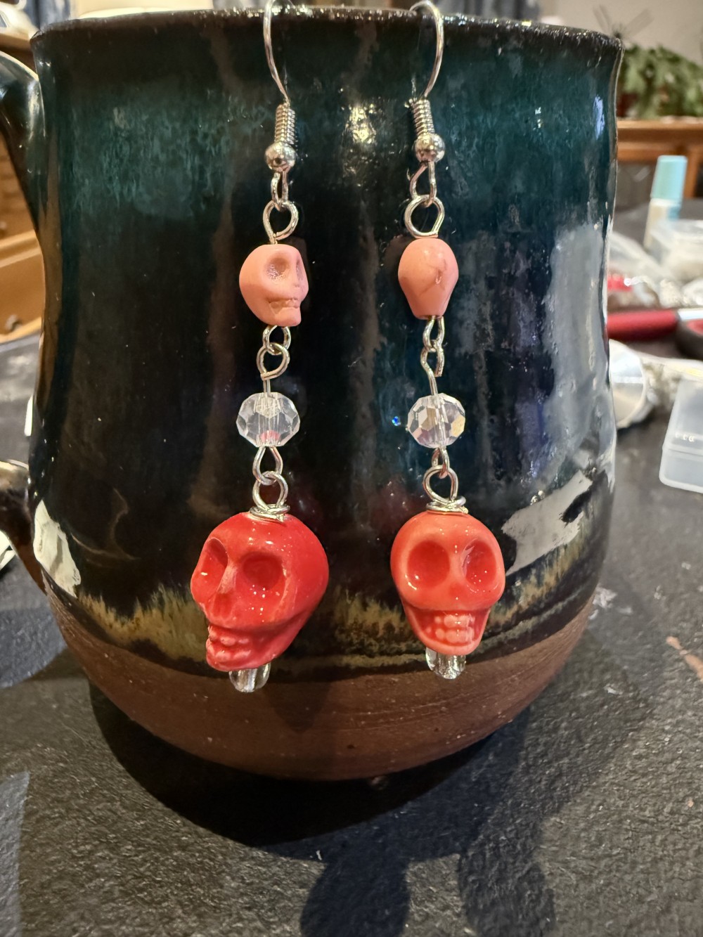Earrings - Skull Ceramic  with Tiny Skull Bead