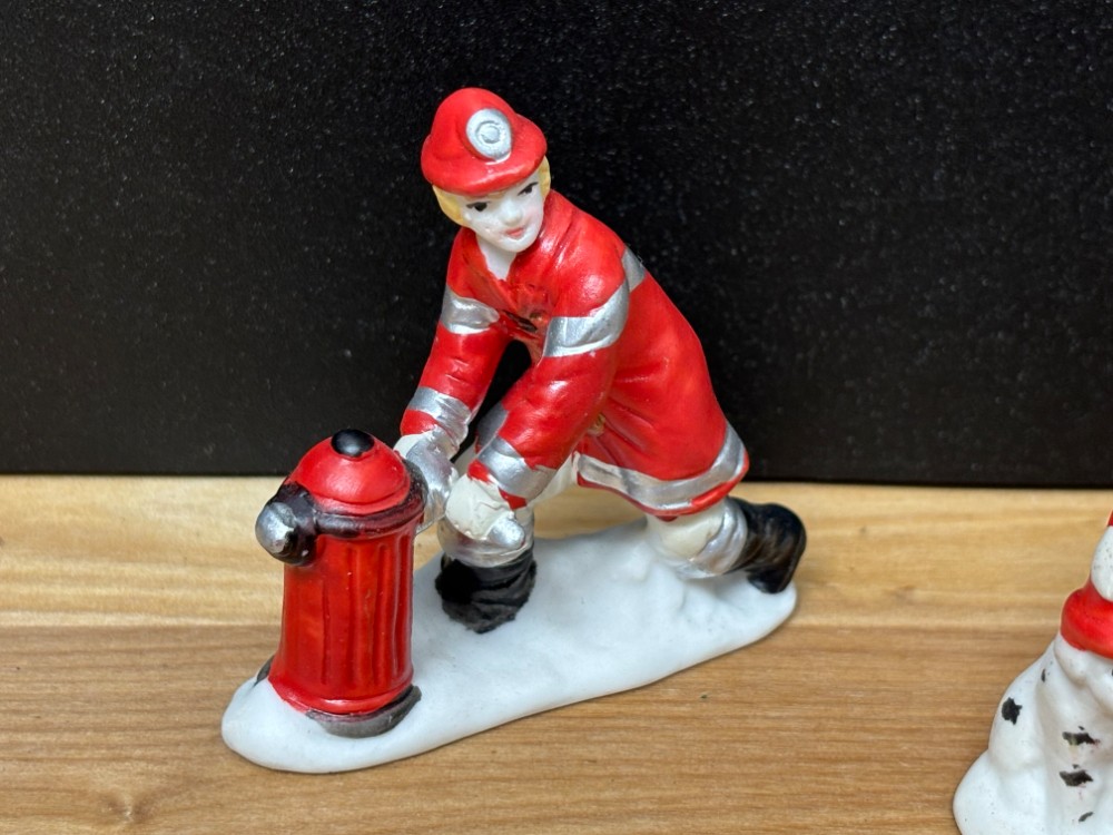 Christmas Village Firefighter Figurines Set of 3 Firemen Dalmatian Hydrant Hose