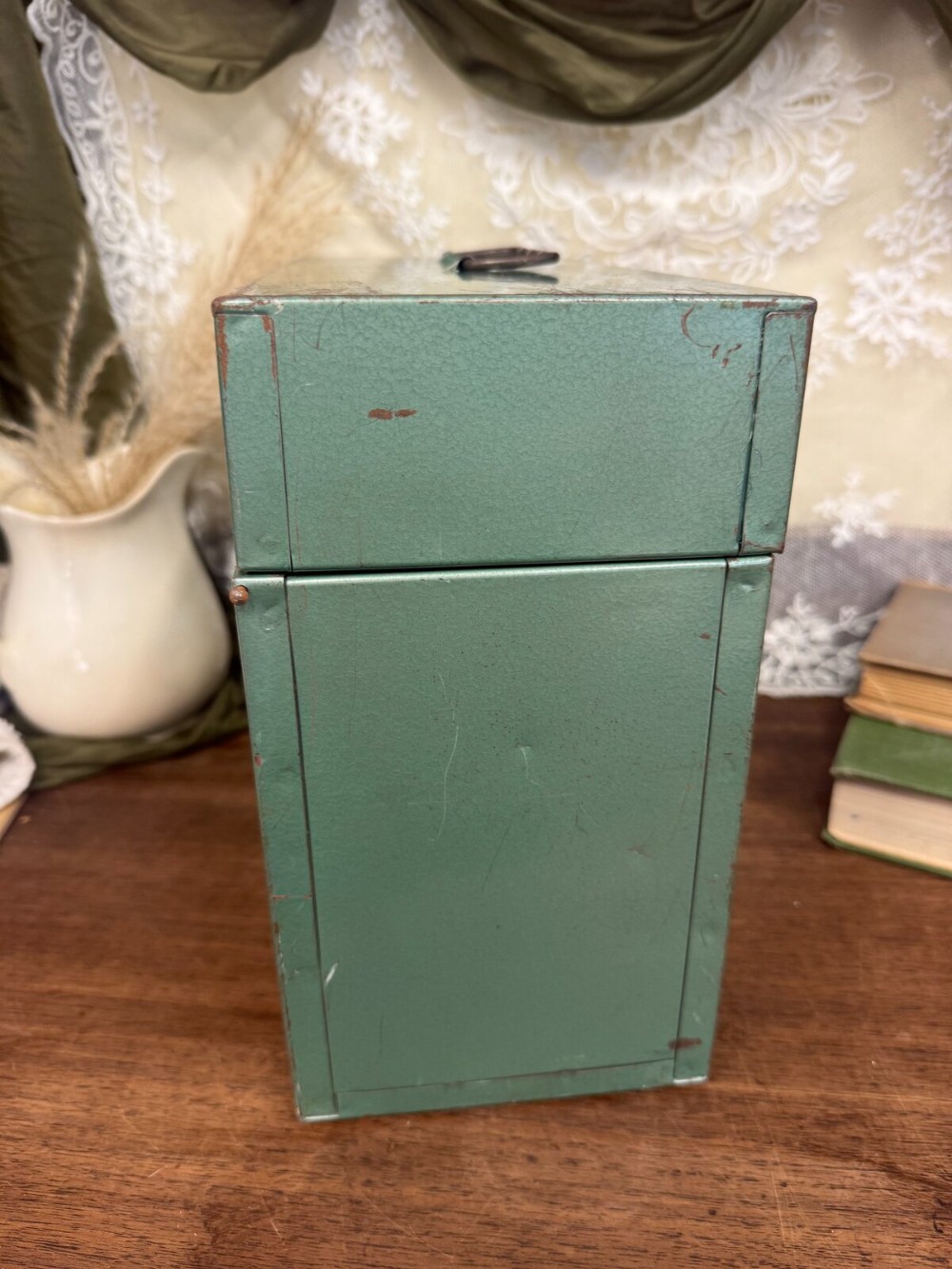 Green Metal File Box with Brass Latch and Handle
