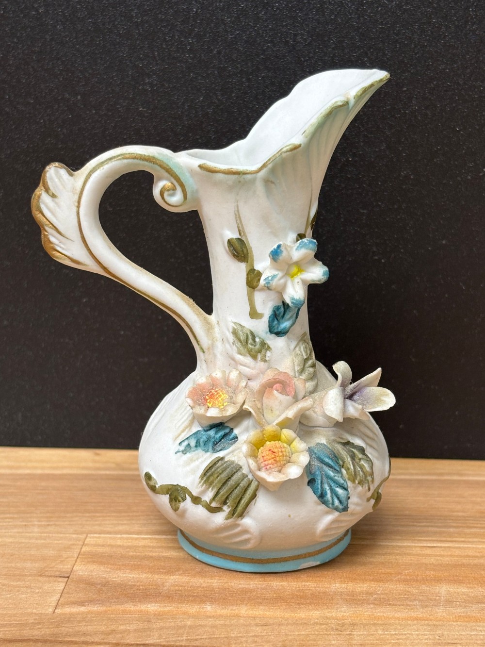 Vintage Ceramic Bisque Floral Ewer Pitcher Applied Flowers Gold Trim 4 Inch