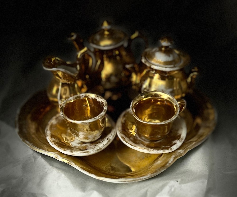 Vintage 24K Gold Gilded Porcelain Miniature Tea Service Set with Tray Vintage Miniature Gold Porcelain Tea Set | 24K Gilded Dollhouse Tea Service | Antique German Japanese Mocca Style Lusterware Set