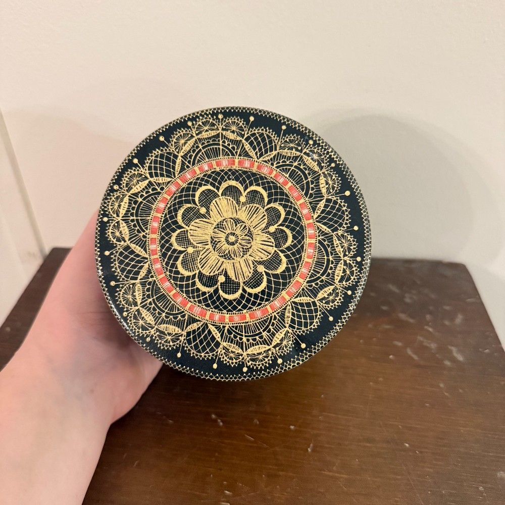 Black Lace Pattern Tin with Pink Ribbons and Violets