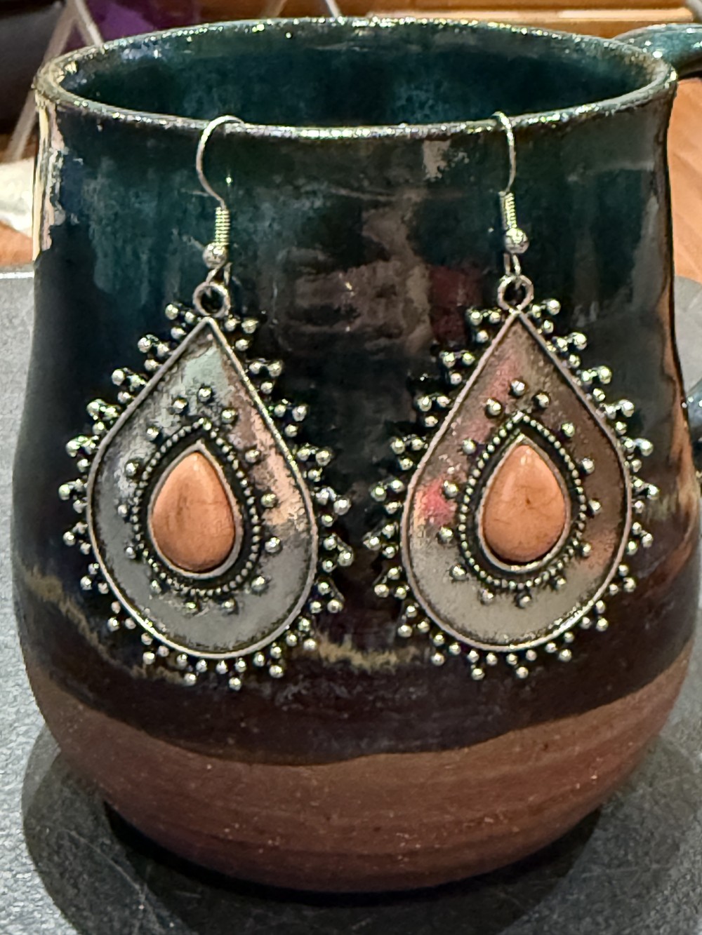 Earrings - Dotted Tear Drop with Stone Center