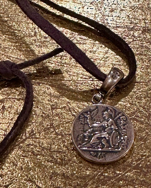 925 Sterling pendant replica ancient Greek Tetradrachin coin. Goddess Athen on reverse. Adj dark leather cord.