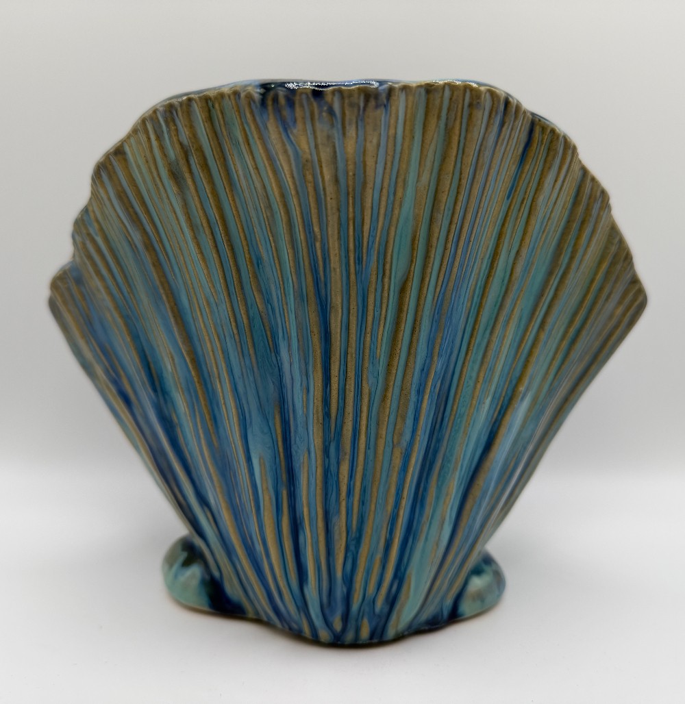 Pottery Blue & Green Drip Glaze Seashell Fan Planter Vase