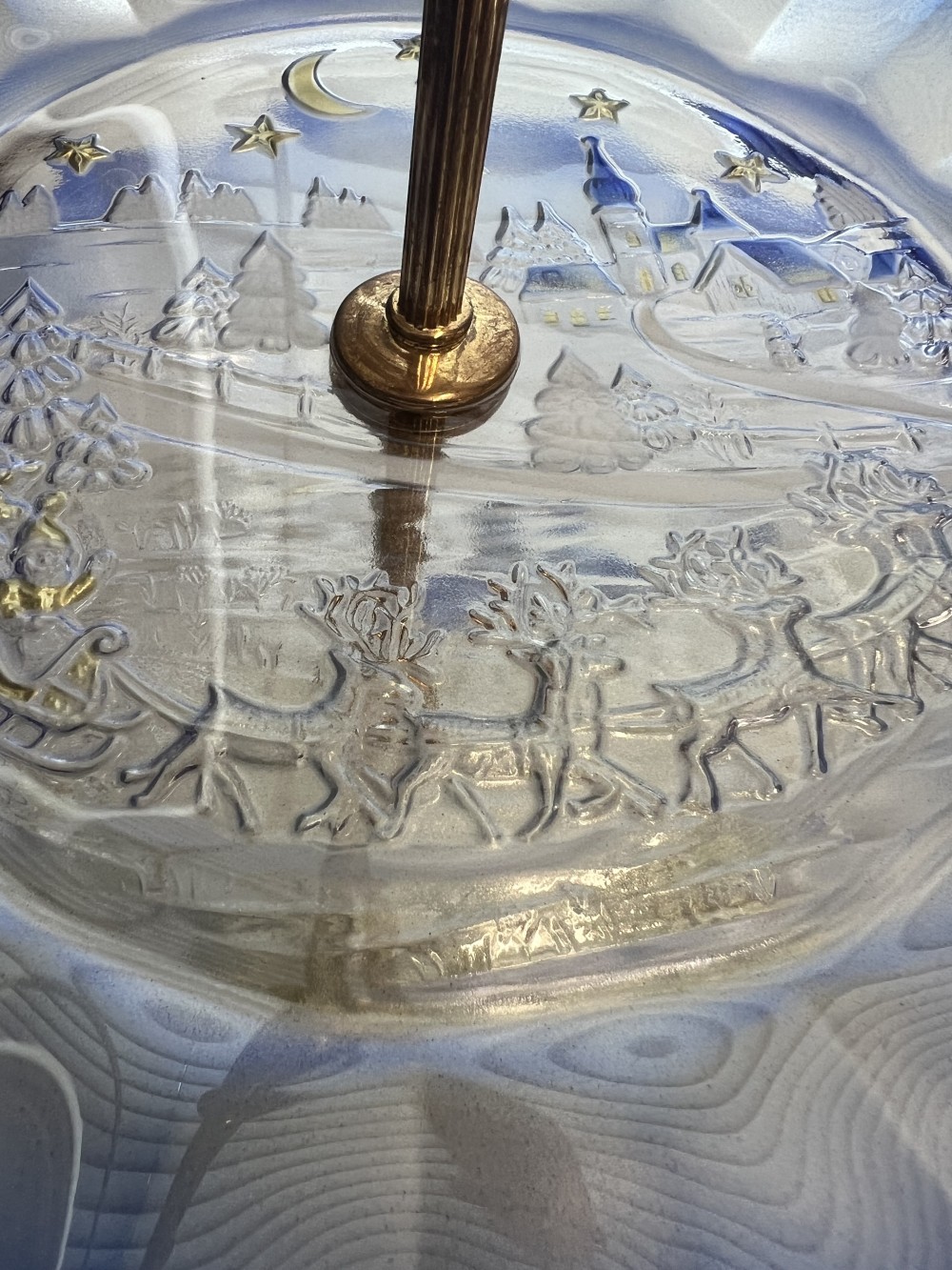Vintage Blue Glass Two-Tier Serving Tray with Winter Scene