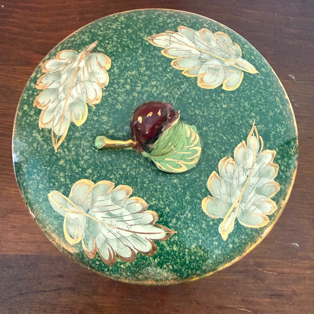 Italian Pottery Lidded Bowl, Green with Gold Leaves