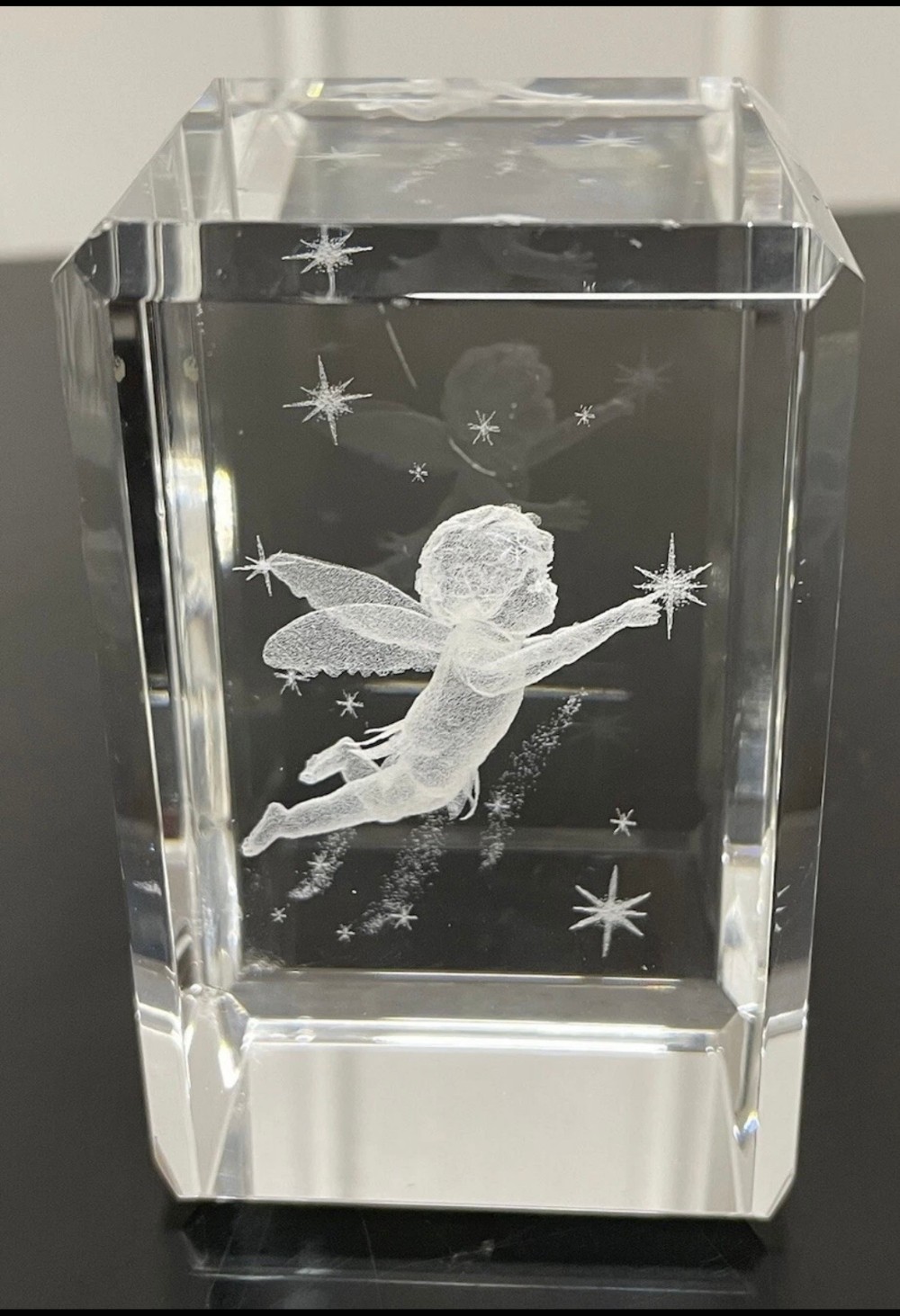 Crystal Art Glass 3D Laser Engraved Flying Cherub Paperweight Figurine Block