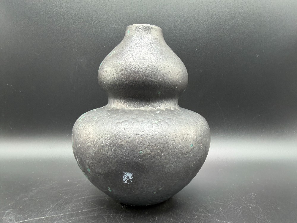 Brutalist Turquoise & Black Volcanic Glaze Double Gourd Vase Mid-Century