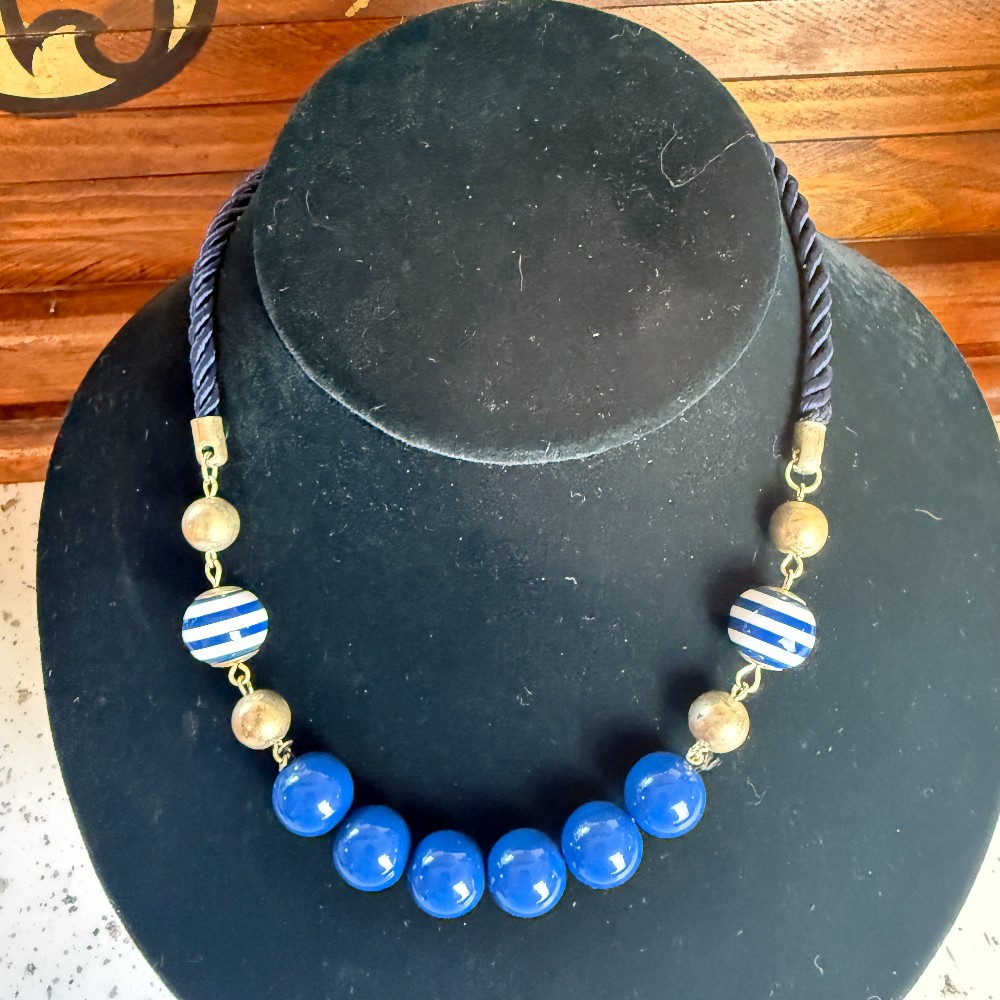 Vintage Blue Bead And Navy Cord Necklace