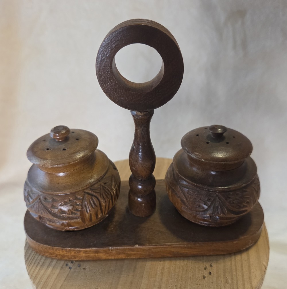 VTG Monkeypod Tree Shops Wood Handcarved S&P Shaker Set