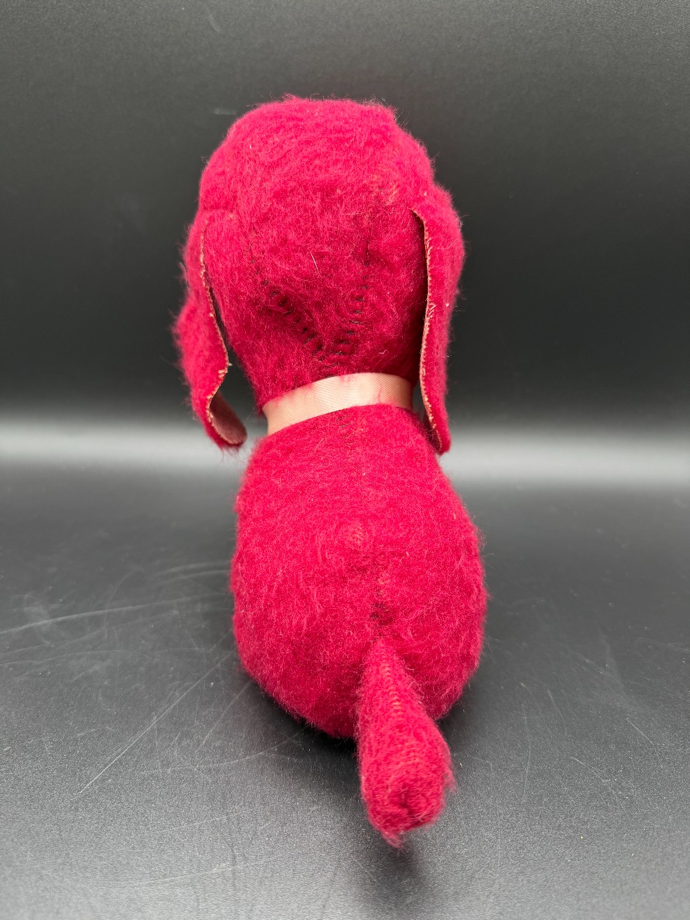 Vintage 1950s Red Plush Carnival Prize Puppy Dog with Mesh Ladybug on Nose