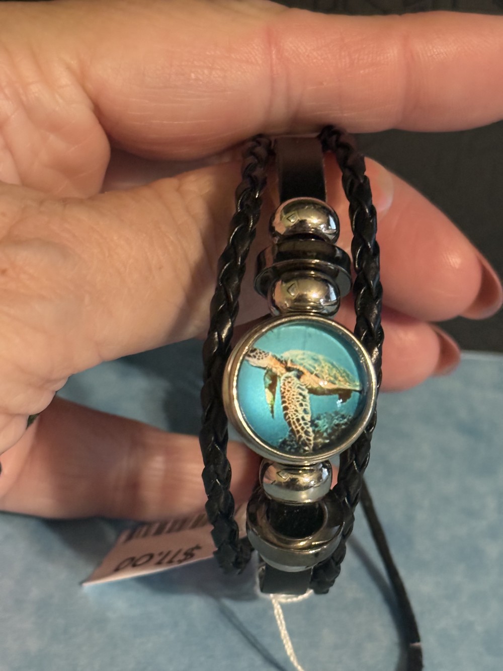 Bracelet-Genuine Leather black 3 strap Sea Turtle