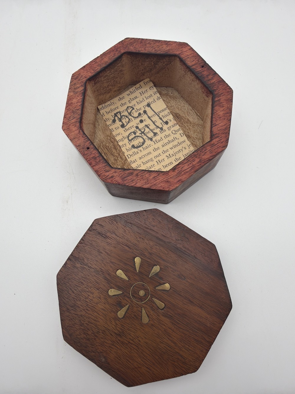 Vintage Octagonal Wood Box with Brass Inlay