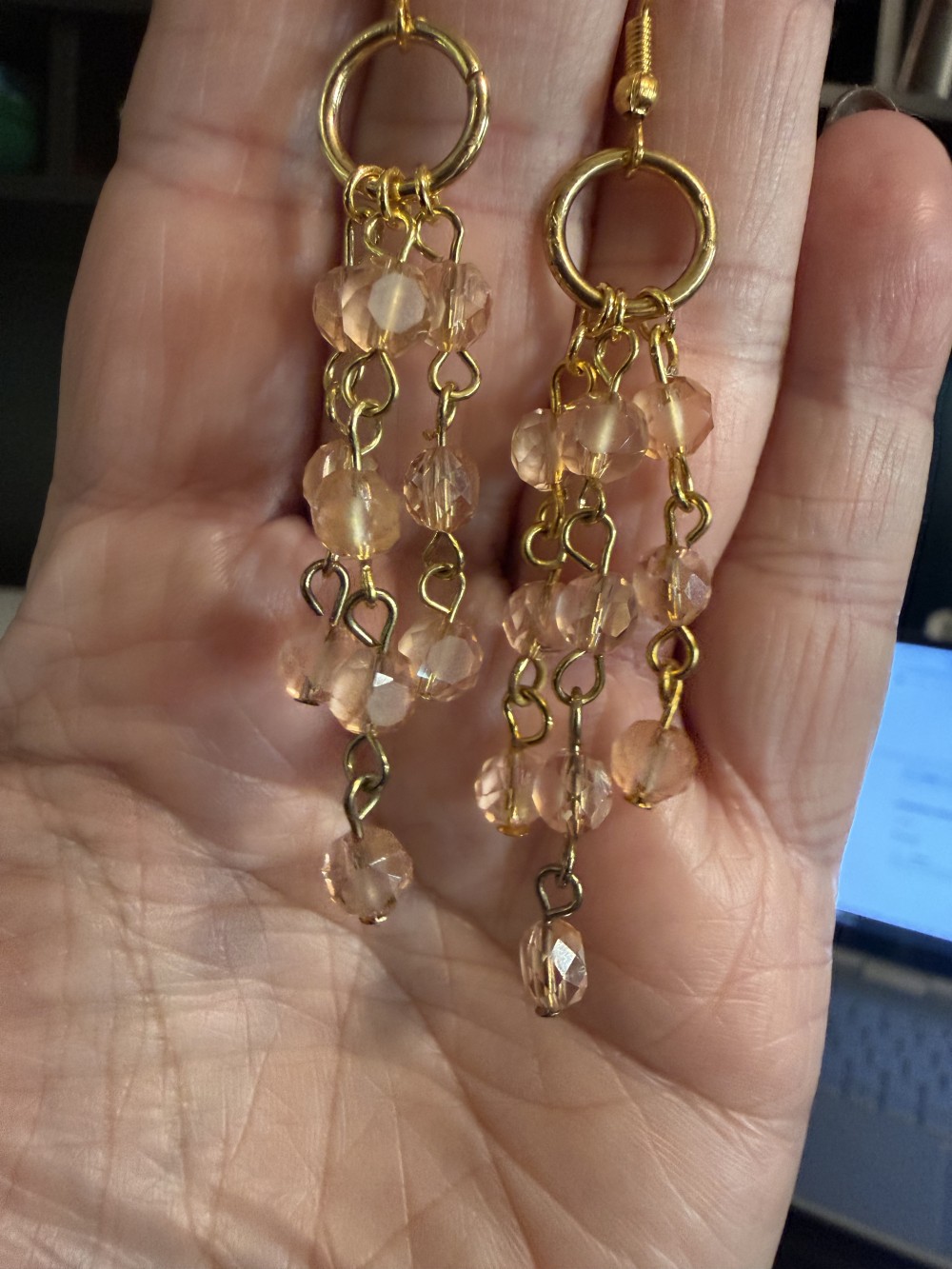 Earrings - Handmade Beaded Amber Rose Three Strand