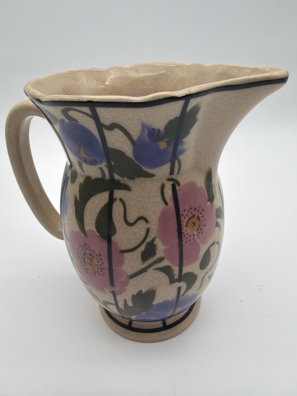 Art Deco Czech Floral Pottery Pitcher