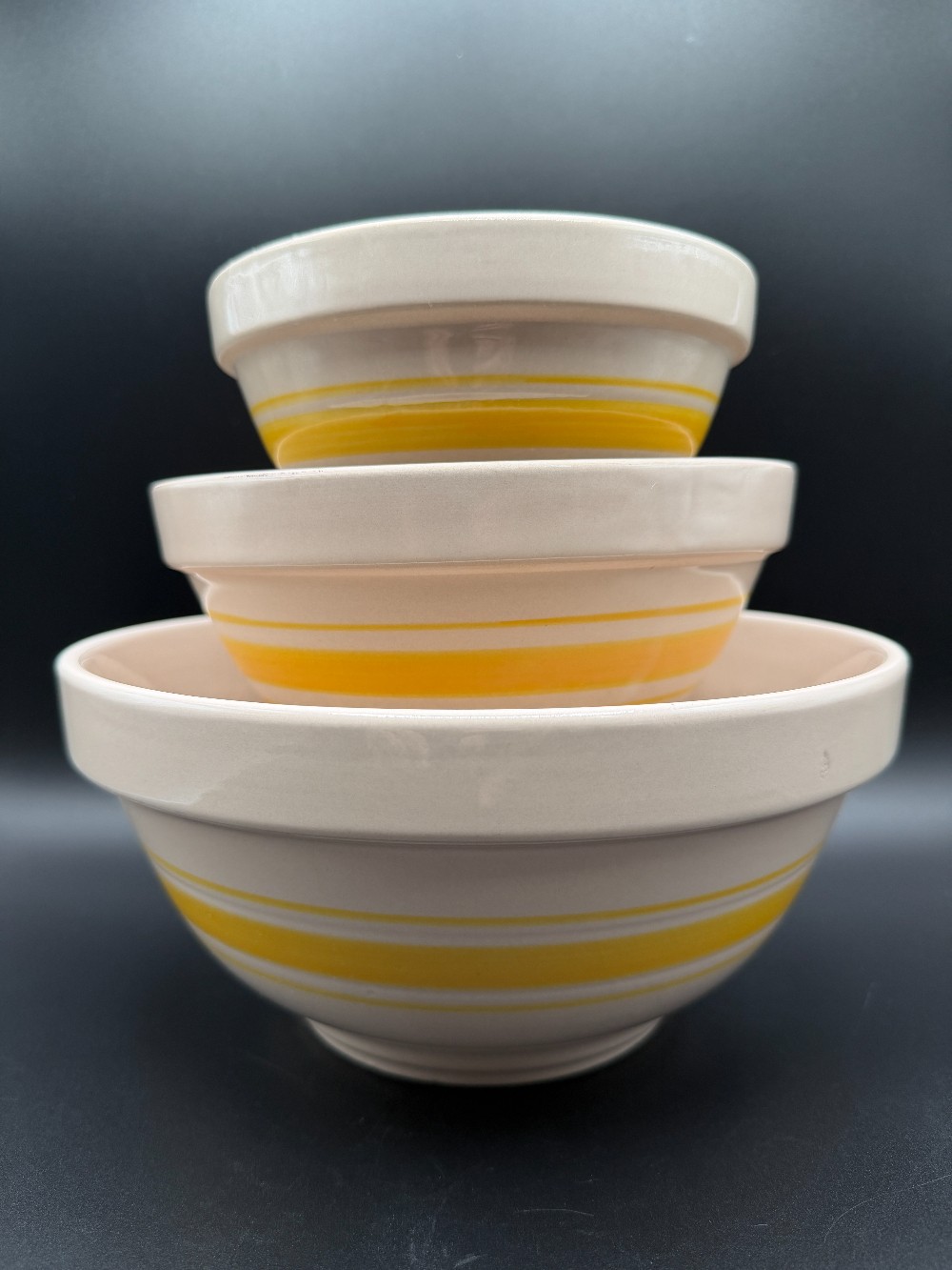 Vintage Old Mountain Heavy Stoneware Nesting Mixing Bowls - Yellow Stripe Set of 3