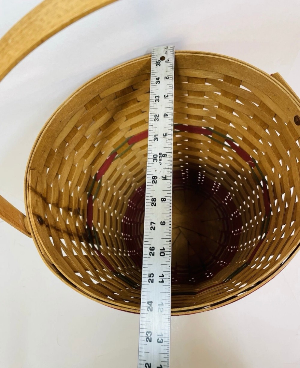 Basket Longaberger 1991 Handwoven Waste Basket Red & Green Accent Signed Weaver 13 Inches