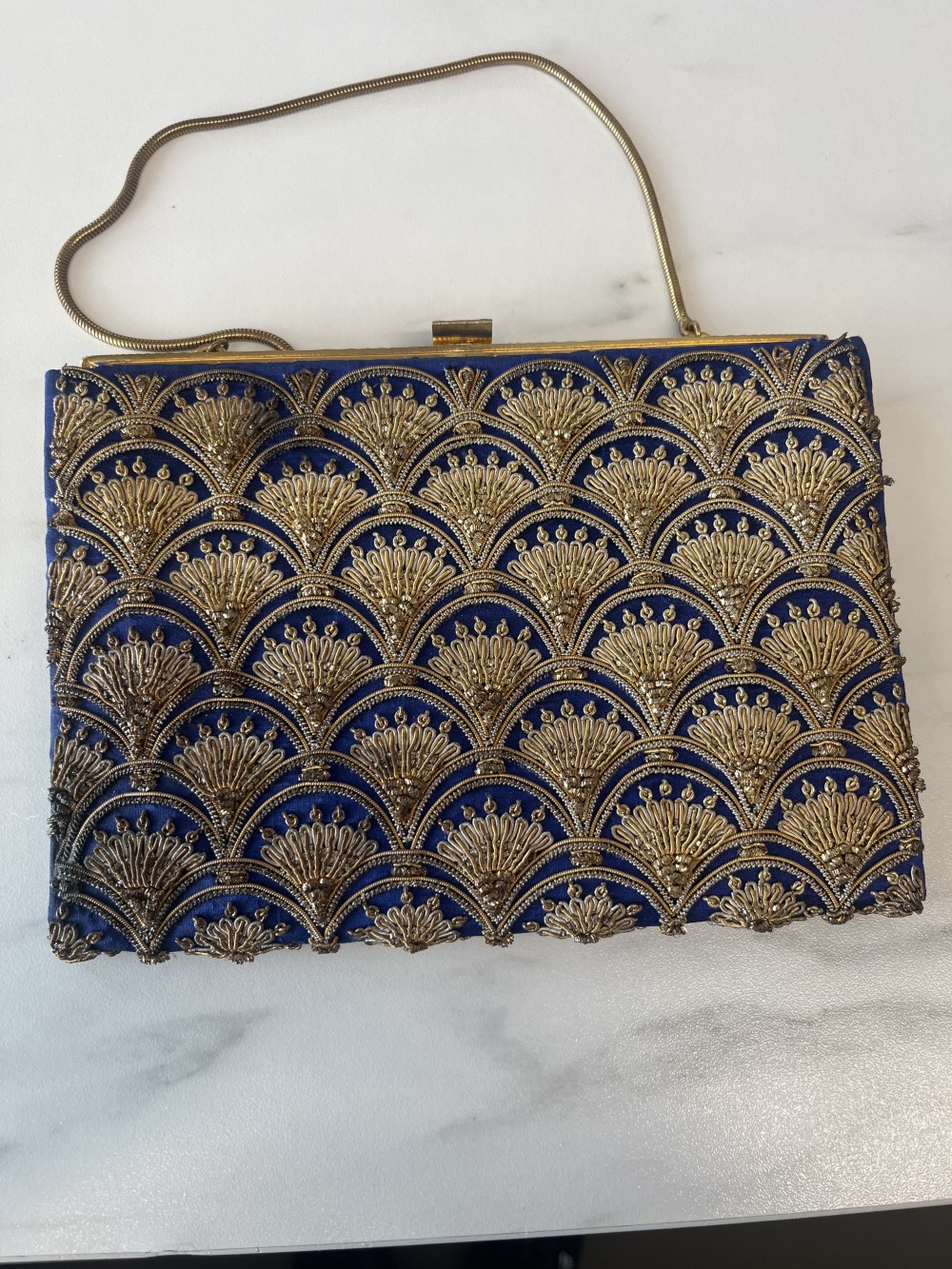 Vtg Zardozi-style blue silk evening bag
