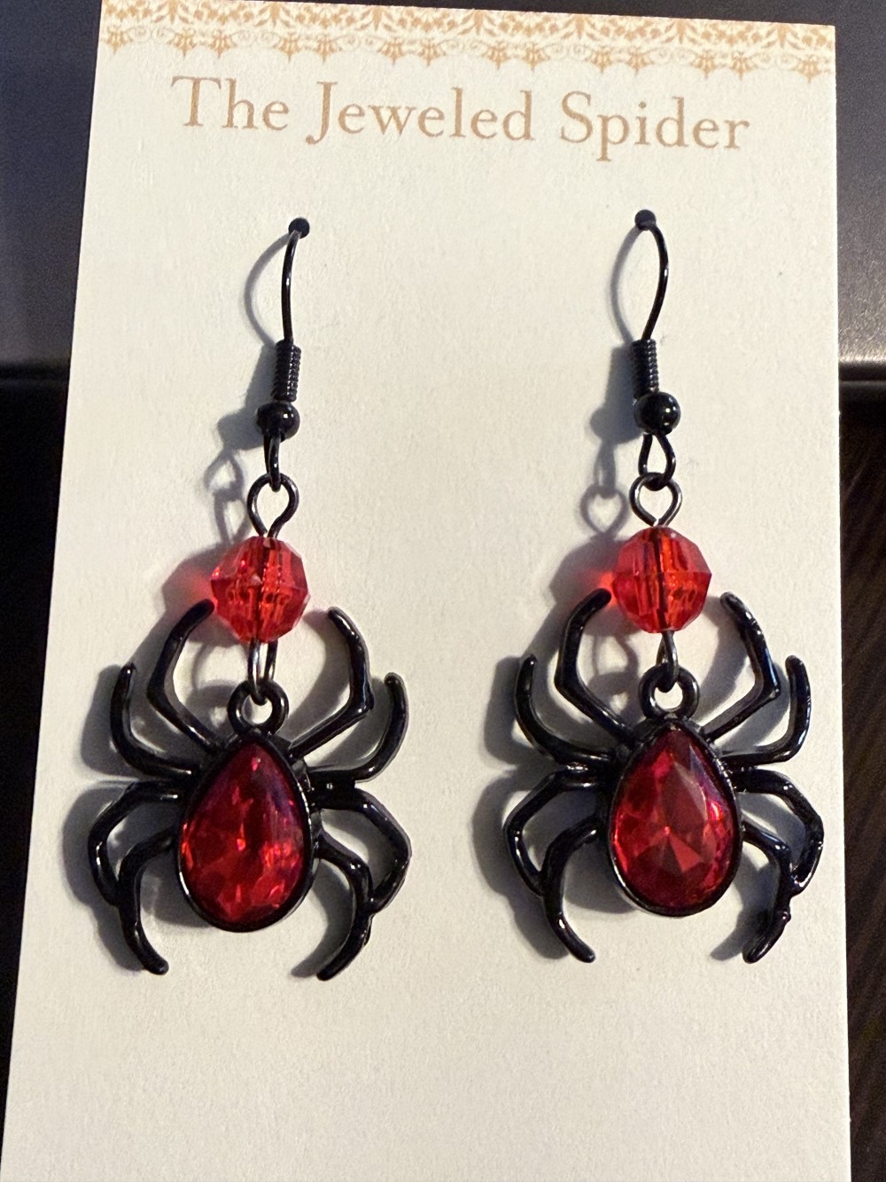 Earrings - Black Spider Red Jewel Abdomen Red Bead