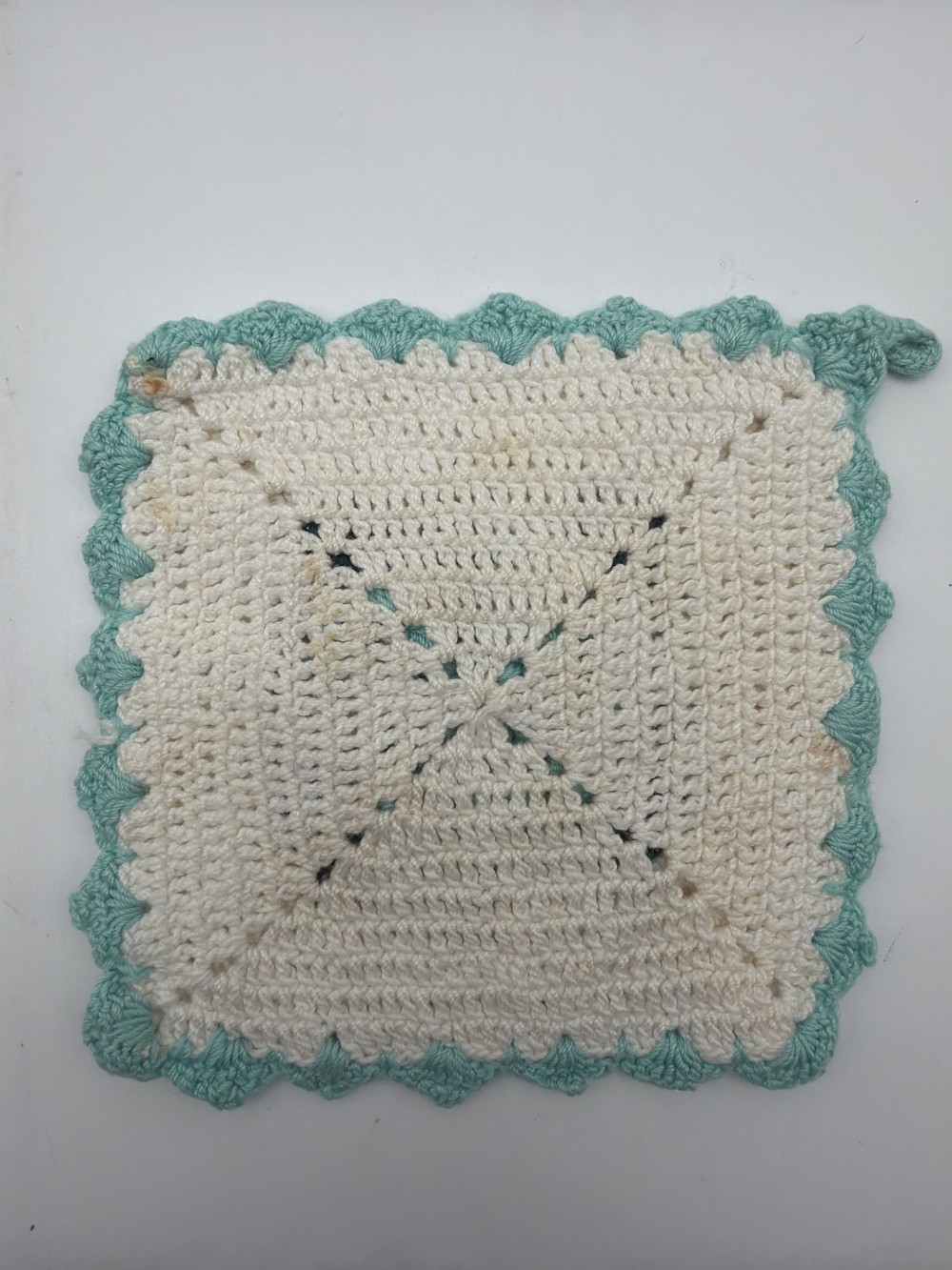 Vtg Crocheted Aqua Rose Potholder