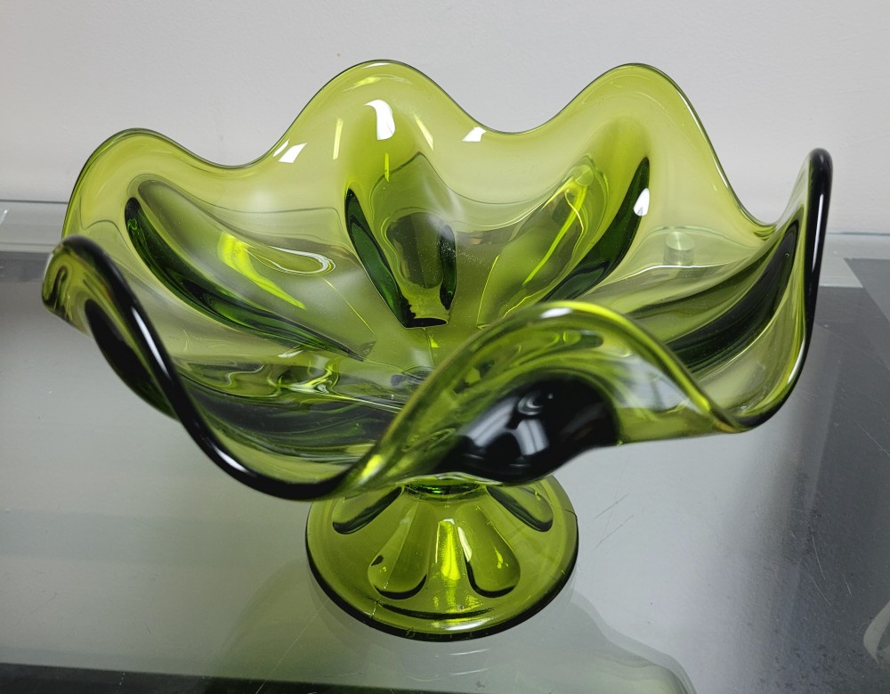 VTG 1964 Viking Glass 1434 Six Finger Compote Avocado