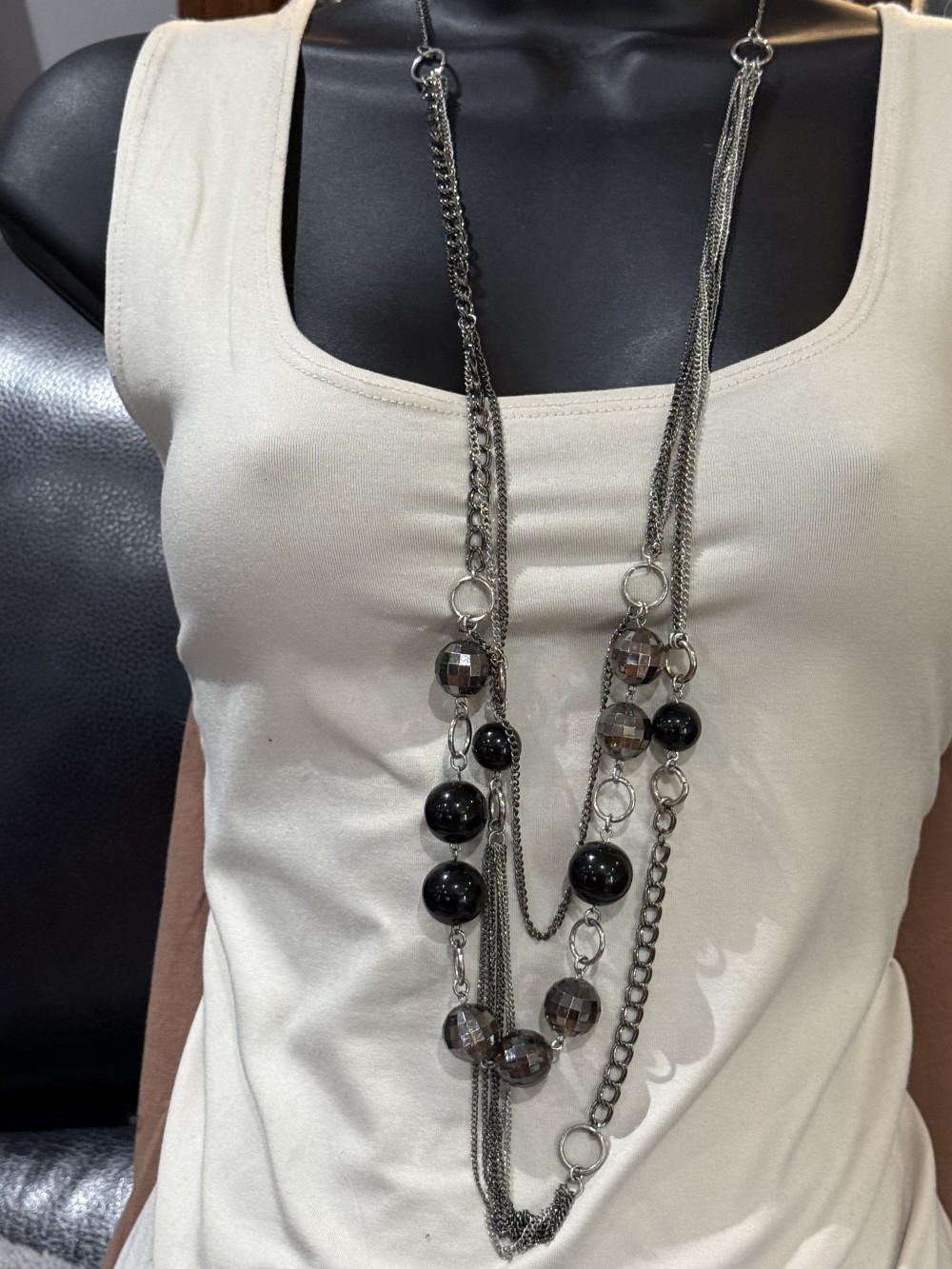 Long Necklace Black & Faceted Grey Beads Chain