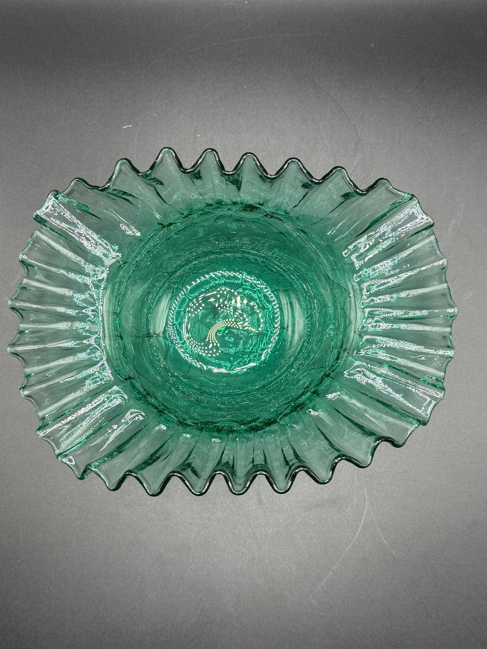 Mid-Century Green Hand-Blown Crackle Glass Ruffled Centerpiece Bowl
