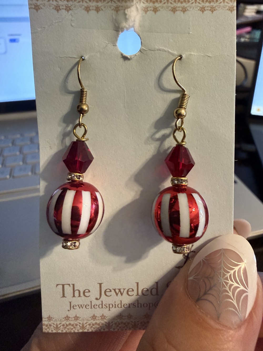 Earrings - Red & White Stripe Red Bead