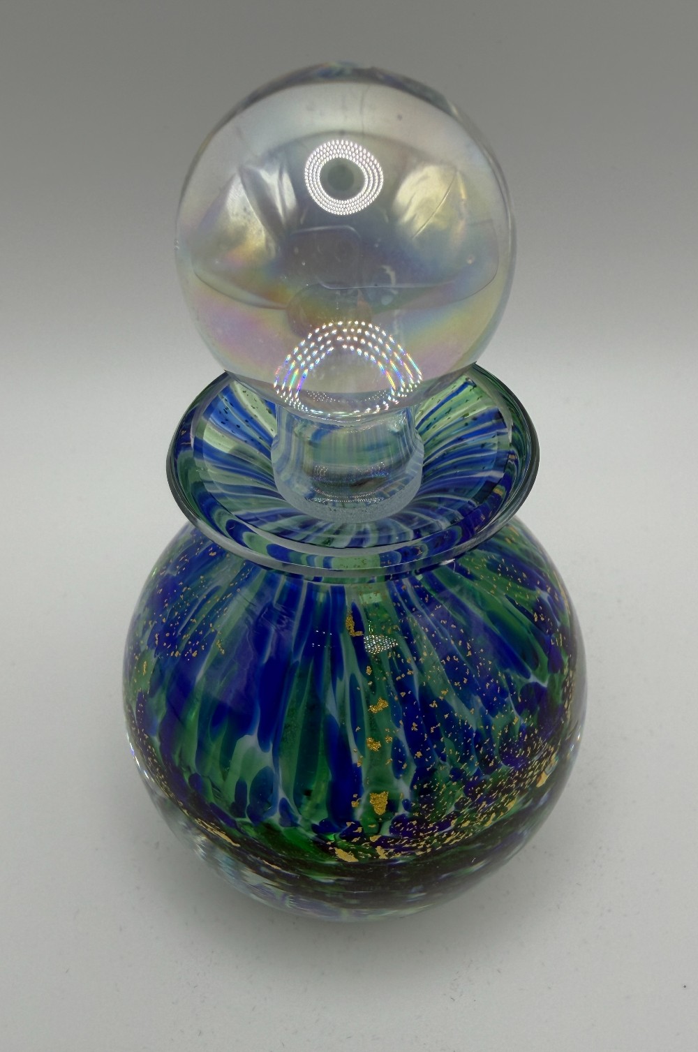 Murano Style Italian Blue & Green Gold Aventurine Art Glass Perfume Bottle - As Is